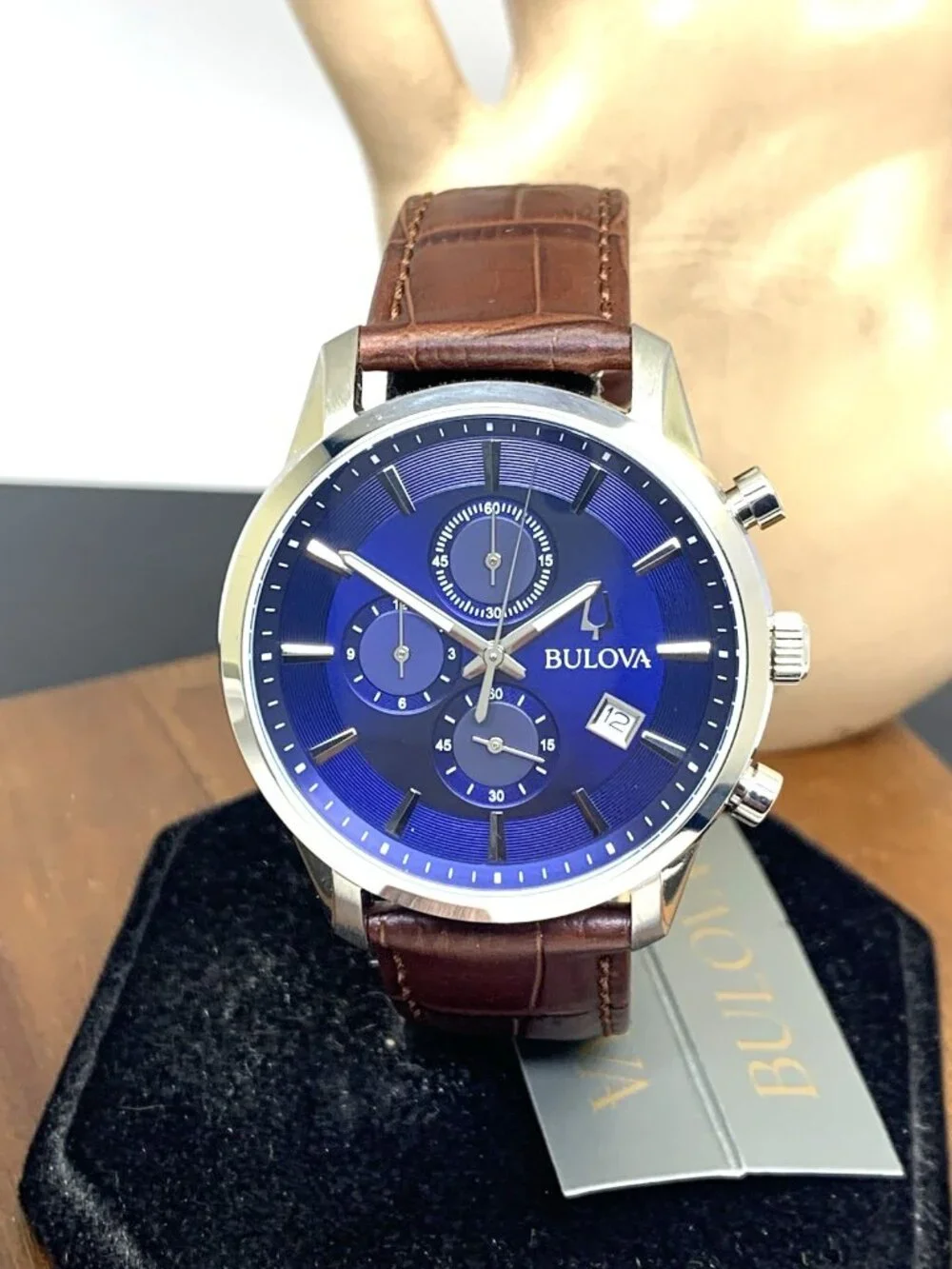 Bulova Men's Watch 96B402 Chronograph Quartz Blue Dial Brown Leather Strap 41mm